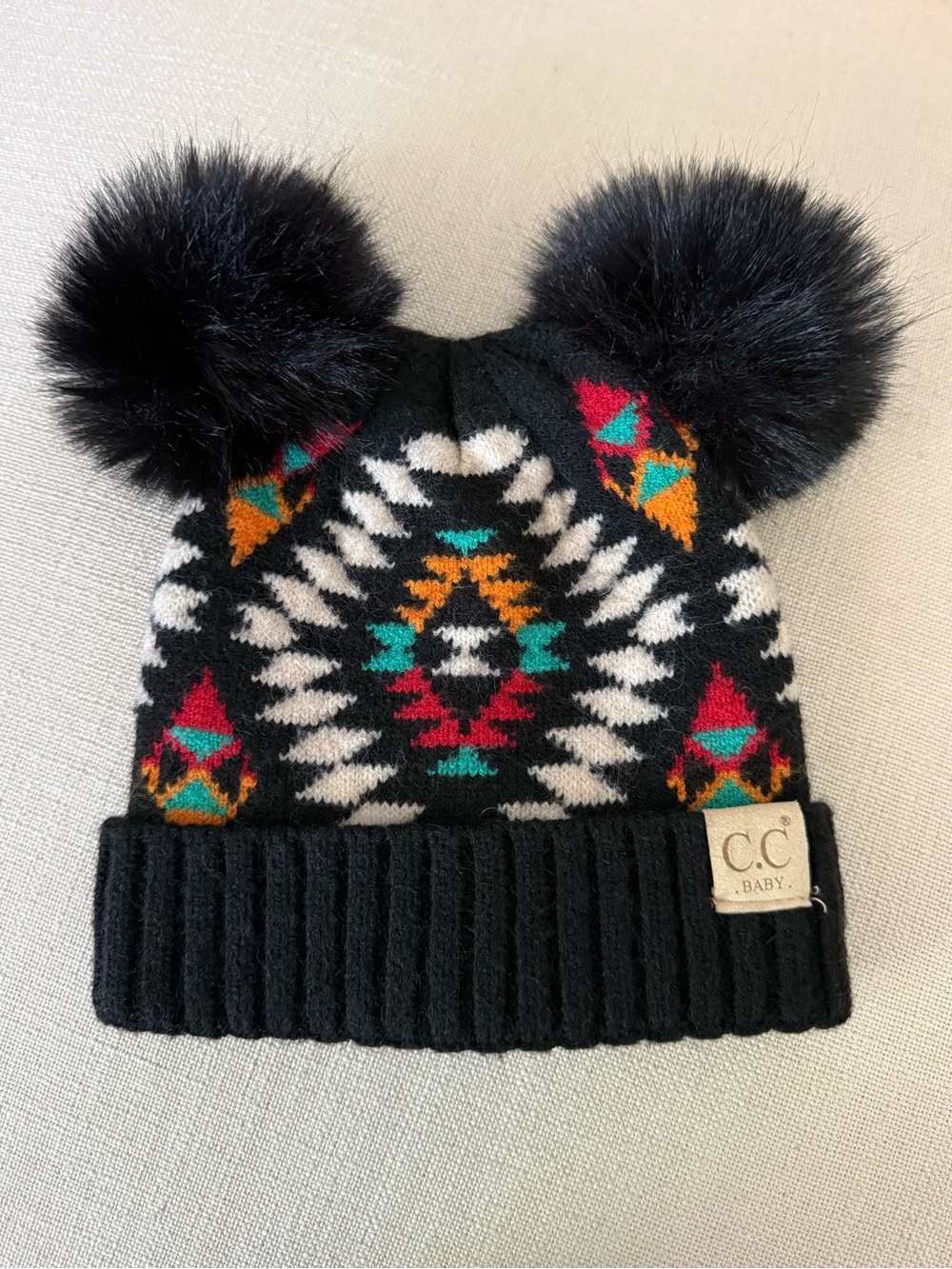 C.C Baby black Aztec knit Beanie Twin Pom Poms black white red orange teal
